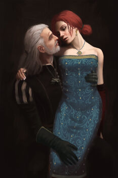 1boy 1girl absurdres aqua_dress bare_shoulders beard black_gloves black_jacket dress earrings facial_hair geralt_of_rivia gloves highres jacket jewelry red_hair stephane_robert strapless strapless_dress the_witcher_(series) triss_merigold white_hair witcher_medallion