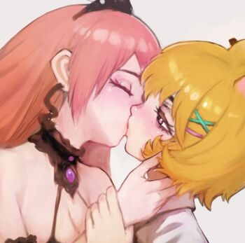 2girls animal_ears breasts cleavage closed_eyes collared_shirt eimi_isami hamster_ears kiss multiple_girls orange_hair phase_connect pink_eyes pink_hair runie_ruse shirt sussynano tagme virtual_youtuber yuri