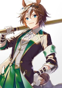 Rule 34 | 1girl, akatsuki (kuon), animal ears, armband, bamboo memory (ambition of the black iron) (umamusume), bamboo memory (umamusume), black jacket, blue eyes, blush, brown hair, closed mouth, collared shirt, commentary request, gloves, green armband, green skirt, hair between eyes, hairband, headband, holding, horse ears, horse girl, horse tail, jacket, long sleeves, looking at viewer, multicolored hair, neck ribbon, ribbon, shinai, shirt, short hair, simple background, skirt, solo, streaked hair, sword, tail, umamusume, vest, weapon, white background, white gloves, white hair, white ribbon, white shirt, white vest