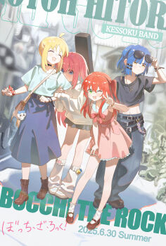 Rule 34 | 4girls, :d, ;d, ^ ^, absurdres, adjusting eyewear, bag, belt, black belt, black shirt, blonde hair, blue hair, blue pants, blue shirt, blue skirt, blunt bangs, blush, bocchi the rock!, boots, brown boots, brown shoes, character name, charm (object), chiikawa, closed eyes, closed mouth, dated, day, eyewear on head, frilled socks, frills, full body, gotoh hitori, hachiware (chiikawa), hair ornament, hairclip, hand on eyewear, highres, hood, hood down, hoodie, ijichi nijika, kessoku band, kita ikuyo, long hair, long sleeves, looking at viewer, midriff, multiple girls, navel, one eye closed, open mouth, outdoors, pants, parallel hairclips, pink hair, red hair, ribbon, shirt, shoes, short hair, short sleeves, skirt, smile, socks, standing, sunglasses, tianqiyubao euc, white hoodie, white socks, wrist ribbon, yamada ryo