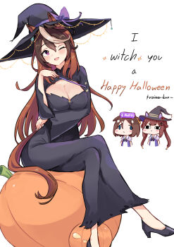 3girls absurdres air_groove_(umamusume) anger_vein animal_ears arm_under_breasts black_dress black_hair black_hat black_shoes blush bow breasts brown_hair brown_tail chibi chibi_inset cleavage crossed_legs dress ear_covers ears_through_headwear english_text happy_halloween hat hat_bow high_heels highres holding holding_wand horse_ears horse_girl horse_tail large_breasts long_hair long_sleeves multiple_girls one_eye_closed open_mouth pun purple_bow purple_eyes shoes simple_background sitting smile solo sweep_tosho_(umamusume) symboli_rudolf_(umamusume) tail ukichan22905846 umamusume wand white_background white_streaks witch