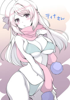 1girl alternate_costume arch_bishop_(ragnarok_online) bikini blush borrowed_character bow braid breasts commentary_request cowboy_shot green_bikini half_up_braid hat hat_bow large_breasts long_hair looking_at_viewer masaya_ichika navel open_mouth pillbox_hat pink_scarf pom_pom_(clothes) ragnarok_masters ragnarok_online scarf solo swimsuit white_hat