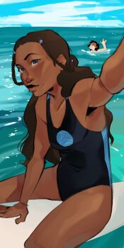 1boy 1girl arm_support avatar:_the_last_airbender avatar_legends black_eyes black_one-piece_swimsuit bracelet brown_hair cloud cloudy_sky collarbone commentary dark-skinned_female dark_skin day dranktwocoffees english_commentary highres jewelry katara ocean one-piece_swimsuit selfie sky smile surfboard swimsuit water zuko
