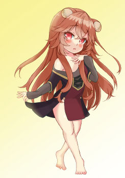 1girl akachi_(e_xxhe) animal_ear_fluff animal_ears barefoot black_dress blush brown_hair commentary dress eyelashes full_body gradient_background grey_dress hair_between_eyes hand_up highres loli long_hair long_sleeves looking_at_viewer messy_hair no_tail off_shoulder open_mouth raccoon_ears raccoon_girl raphtalia raphtalia_(young) red_dress red_eyes short_dress short_sleeves solo standing tate_no_yuusha_no_nariagari two-tone_dress white_background yellow_background