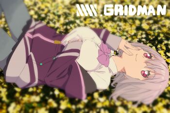 1girl bow bowtie breasts collared_shirt copyright_name english_text floral_background flower grey_pantyhose gridman_universe hand_on_own_face highres hood hoodie large_breasts long_sleeves looking_at_viewer lying medium_hair official_art on_back open_clothes open_hoodie pantyhose partially_unzipped pink_bow pink_bowtie pink_hair purple_hoodie red_eyes saitou_kengo shinjou_akane shirt smile solo ssss.gridman white_shirt