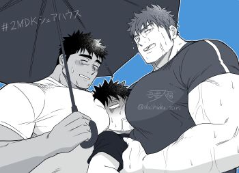 3boys absurdres bara between_pecs between_pectorals blank_eyes blush boy_sandwich closed_eyes dark-skinned_male dark_skin from_side greyscale_with_colored_background head_between_pecs highres huge_pectorals male_focus multiple_boys muscular muscular_male original pectorals saliva sandwiched shared_umbrella smile sports_bra sweat ta_koazuma thick_eyebrows umbrella upper_body yaoi