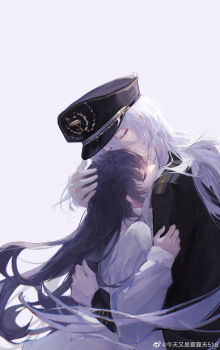 1boy 1girl absurdres awu_awu black_coat black_hat cael_anselm cael_anselm_(spirit_world) chinese_commentary closed_eyes coat commentary_request couple covered_mouth dress from_side gloves hair_between_eyes hand_on_another's_head hat height_difference heroine_(lovebrush_chronicles) hetero highres hug implied_kiss long_hair long_hair_between_eyes long_sleeves lovebrush_chronicles military_hat peaked_cap profile purple_hair simple_background sleeve_cuffs sleeves_past_wrists upper_body watermark weibo_watermark white_background white_dress white_gloves white_hair