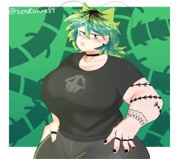 Rule 34 | 1girl, antenna hair, arm tattoo, arthropod girl, black choker, black eyes, black nails, black pants, black shirt, border, borrowed character, breasts, centipede print, choker, cockroach girl, commentary, ear piercing, earrings, english commentary, female focus, frown, gradient hair, green background, green hair, hair between eyes, hands on own hips, head tilt, highres, huge breasts, jewelry, mole, mole under mouth, multicolored hair, multiple views, muscular, muscular arms, muscular female, original, outside border, pants, patterned background, piercing, rochi (rrrroch1), serotonine89, shirt, short hair, short sleeves, skull print, solo, tattoo, variant set