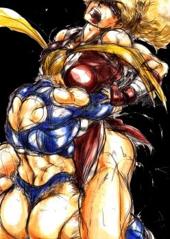 2girls ass blonde_hair capcom final_fight genryuusai_maki grapple hey_(bluebell) long_hair mask multiple_girls muscular muscular_female ninja rainbow_mika saliva squeezing street_fighter thong twintails wrestler wrestling wrestling_outfit