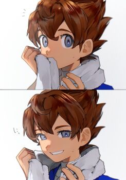 1boy arm_up blue_eyes blue_shirt covered_mouth crossed_bangs dame! double-parted_bangs eyelashes grin hair_between_eyes highres inazuma_eleven_(series) inazuma_eleven_go looking_at_viewer male_focus matsukaze_tenma multiple_views notice_lines sequential shirt smile teeth towel towel_around_neck white_background white_shirt