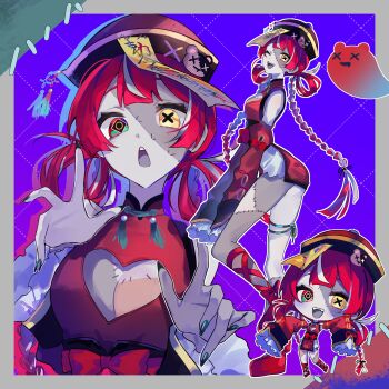 1girl absurdres alternate_costume bare_shoulders braid braided_twintails breasts chibi chibi_inset china_dress chinese_clothes cleavage_cutout clothing_cutout colored_skin commentary detached_sleeves dress english_commentary fingernails grey_skin halloween_costume hat heart_cutout heterochromia highres hololive hololive_indonesia jiangshi_costume kureiji_ollie long_hair looking_at_viewer low_twintails microdress mismatched_pupils multicolored_hair multiple_views ofuda qingdai_guanmao raru_pipipi red_dress red_eyes red_hair sharp_fingernails sleeveless sleeveless_dress small_breasts smile stitched_face stitches streaked_hair symbol-shaped_pupils twin_braids twintails two-tone_hair udin_(kureiji_ollie) virtual_youtuber white_hair x-shaped_pupils yellow_eyes