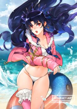 Rule 34 | 1girl, alternate costume, beach, bikini, black hair, collarbone, day, earrings, fate/grand order, fate (series), female focus, fur trim, highres, hood, hoop earrings, ishtar (fate), ishtar (swimsuit rider) (fate), jacket, jewelry, long hair, long sleeves, navel, outdoors, patipat asavasena, pink jacket, pink thighhighs, red eyes, side-tie bikini bottom, single thighhigh, sky, solo, swimsuit, thighhighs, two side up, white bikini
