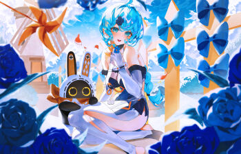 1girl 1other bandana bandana_around_neck bangboo_(zenless_zone_zero) bare_shoulders blue_bow blue_eyes blue_flower blue_hair blue_sky blush bow clothing_cutout cloud commentary detached_sleeves eous_(zenless_zone_zero) falling_petals fence flower flower_hairpin formal_clothes gloves hair_ornament hairpin highres holding holding_flower indol looking_at_viewer mole mole_on_shoulder mountain orange_bandana petals pinwheel ponytail revision see-through_dress_layer seed_(zenless_zone_zero) side_cutout sitting sky smile solo suit teeth thigh_cutout toeless_legwear toeless_socks upper_teeth_only white_gloves white_suit windmill zenless_zone_zero