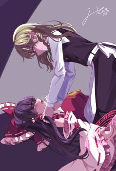 2girls apron ascot black_skirt black_vest blonde_hair bow braid breasts brown_hair commentary_request crying detached_sleeves drooling evil_smile frilled_bow frilled_hair_tubes frills green_bow hair_bow hair_tubes hakurei_reimu highres kirisame_marisa long_hair long_sleeves magic magic_circle medium_breasts mito_(fate) multiple_girls no_headwear open_mouth red_bow red_eyes restrained ribbon-trimmed_sleeves ribbon_trim side_braid signature single_braid skirt smile strangling touhou vest waist_apron white_apron yandere yellow_ascot yuri