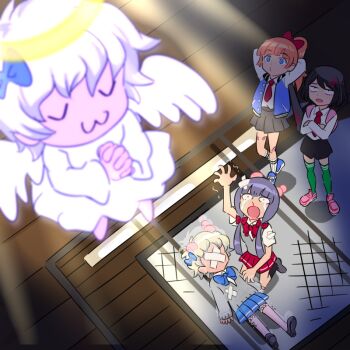 Rule 34 | 4girls, angel, backpack, bag, bandaid, baseball bat, black hair, blonde hair, blood, blue bow, blue bowtie, blue eyes, blue jacket, bow, bowtie, from above, green thighhighs, hair bow, hasebe kazumi, head bump, injury, jacket, kunio-kun series, kyoko (kunio-kun), loafers, looking up, lying, m o (prftz), miniskirt, misako (kunio-kun), multiple girls, necktie, nosebleed, on back, orange hair, pink shoes, pink thighhighs, pleated skirt, ponytail, red necktie, river city girls, school uniform, shimada mami, shoes, skirt, tears, thighhighs, unconscious