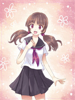 1girl :d brown_hair female_focus open_mouth original purple_eyes school_uniform serafuku skirt smile solo twintails yakka