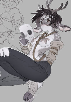 antlers bandaid bandaids_on_nipples black_pants breasts claws commentary detached_sleeves english_commentary furry furry_female grey_background highres hockey_mask horns jackalope_girl light_frown looking_at_viewer mask medium_breasts navel noose_necktie original pants panty_straps pasties pita-potato sideways_glance simple_background snow_(pita_potato) solo_focus squatting topless_female torn_clothes torn_pants