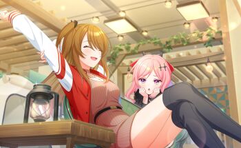 2girls black_ribbon blush boots breasts brown_hair closed_eyes commentary_request crossed_legs fudeshima_shigure game_cg hair_ornament hair_ribbon highres indoors jacket large_breasts long_hair long_sleeves multiple_girls official_art one_side_up open_mouth pink_hair purple_eyes ribbon sitting smile sweater thighhighs third-party_source world_dai_star yorozu_iruru