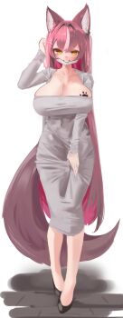 1girl animal_ears breasts brown_hair chisaka_airi dongtan_dress high_heels honglaun large_breasts multicolored_hair paw_print phase_connect pink_hair streaked_hair tail virtual_youtuber white_hair wolf_ears wolf_tail yellow_eyes