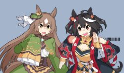 Rule 34 | 2girls, absurdres, ahoge, animal ears, bare shoulders, black hair, blush, bow, breasts, brown hair, chanchanko (clothes), cleavage, cleavage cutout, clothing cutout, commentary request, corset, detached sleeves, ear ornament, ear ribbon, green skirt, grey background, hair between eyes, hair ribbon, highres, horse ears, horse girl, horse tail, kitasan black (umamusume), long hair, looking at viewer, medium hair, multicolored hair, multiple girls, open mouth, red eyes, red ribbon, ribbon, satono diamond (umamusume), shirt, short hair, shrug (clothing), skirt, sleeves past fingers, sleeves past wrists, small breasts, smile, soulmaster uwu, streaked hair, tail, umamusume, upper body, white shirt