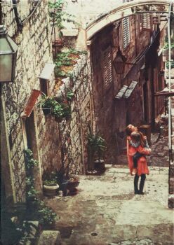 2girls absurdres brick_wall day highres long_hair mother_and_daughter multiple_girls naohiro_ito oil_painting_(medium) original painting_(medium) path plant road stairs street terrace_(architecture) traditional_media vines wall_lamp