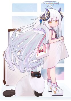 1girl ahoge animal ankle_boots bag bare_legs blunt_ends boots bow brown_eyes cat closed_mouth clothes_pull commentary cp2980606 curled_horns demon_horns detached_wings dress flower footwear_bow from_side halo highres horn_ornament horns loli long_hair looking_at_viewer looking_to_the_side no_panties original platform_boots platform_footwear purple_horns rolling_suitcase see-through_clothes see-through_dress shoulder_bag sidelocks skirt_hold sleeveless sleeveless_dress solo standing suitcase symbol-only_commentary very_long_hair white_bag white_boots white_bow white_cat white_dress white_flower white_hair wings yellow_eyes