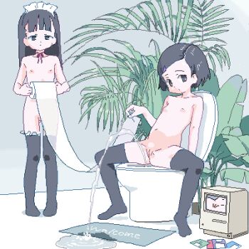 2girls bidet black_eyes black_hair black_thighhighs blunt_bangs breasts choker cleft_of_venus closed_mouth commentary_request computer expressionless fern floppy_disk frilled_thighhighs frills full_body hair_ornament hairclip half-closed_eyes holding holding_paper lokulo_no_mawashimono loli looking_at_viewer lowres macintosh_128k maid maid_headdress multiple_girls no_shoes nude oekaki on_toilet original paper parted_hair plant puddle pussy ribbon_choker short_hair sitting small_breasts spread_legs standing swept_bangs thighhighs toilet_paper water welcome_mat