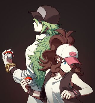 1boy 1girl back-to-back baseball_cap black_background black_hat blue_eyes brown_hair closed_mouth commentary_request digi_555 green_hair hat high_ponytail highres hilda_(pokemon) holding holding_poke_ball korean_commentary long_hair looking_back n_(pokemon) nintendo poke_ball poke_ball_(basic) poke_ball_print pokemon pokemon_bw ponytail print_hat shirt smile standing wavy_hair white_shirt