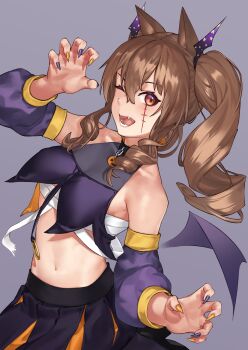 1girl ;d alternate_costume angelina_(arknights) animal_ears arknights arm_up bare_shoulders black_skirt blush breast_curtains breasts brown_hair chest_sarashi claw_pose collarbone cowboy_shot detached_sleeves fang fingernails fox_ears grey_background hair_between_eyes halloween_costume highres long_fingernails long_hair long_sleeves medium_breasts mkrk_mikaerukung nail_polish navel one_eye_closed open_mouth orange_nails purple_nails red_eyes sarashi scar scar_on_face sharp_fingernails sidelocks simple_background skirt smile solo stomach twintails