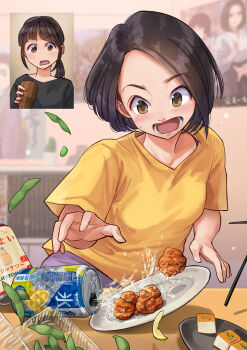 2girls alcohol black_hair brown_eyes chicken_(food) commentary_request edamame failure food fried_chicken fruit indoors karaage lemon multiple_girls open_mouth original otsu_natsu plate ponytail shirt short_hair spill spilling t-shirt