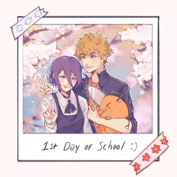 1boy 1girl basil_(basiilleaf) black_dress blonde_hair brown_eyes chainsaw_man denji_(chainsaw_man) dress gakuran green_eyes hair_between_eyes highres pinafore_dress pochita_(chainsaw_man) purple_hair reze_(chainsaw_man) school_uniform shirt short_hair sleeveless sleeveless_dress tape tongue tongue_out v white_shirt