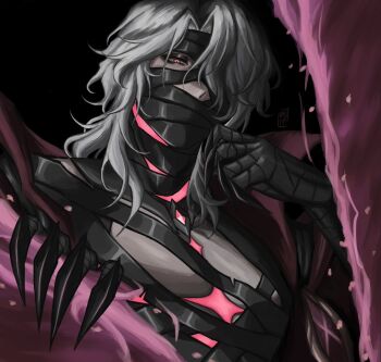 1boy bandaged_chest bandaged_head bandaged_neck bandages claws covered_mouth from_below genshin_impact looking_at_viewer male_focus medium_hair pink_eyes rerir_(genshin_impact) solo through_portal vanta_(vantax_art) white_hair
