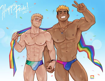 2025 2boys ^_^ abs absurdres bara beard_stubble biceps bisexual_flag_print blonde_hair blue_eyes blush chest_hair closed_eyes cowboy_shot facial_hair flying_sweatdrops gay_male_pride_flag goatee_stubble grin groin highres holding_hands jewelry large_pectorals lgbt_pride male_focus male_swimwear mondoart multicolored_hair multiple_boys muscular muscular_male nipples orange_hair original pectorals pendant pubic_hair rainbow_flag scar scar_on_chest scar_on_face scar_on_nose scar_on_stomach smile stubble sweatdrop swim_briefs thick_eyebrows two-tone_hair v yaoi