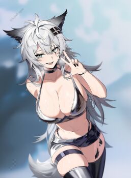 1girl animal_ear_fluff animal_ears arknights black_bra black_shorts black_thighhighs bra breasts cleavage commentary english_commentary grey_eyes grey_hair grey_tail highres konekogou lappland_(arknights) large_breasts latex latex_bra material_growth navel oripathy_lesion_(arknights) scar scar_across_eye scar_on_face short_shorts shorts smile solo tail teeth thick_thighs thigh_strap thighhighs thighs twitter_username underwear variant_set wolf_ears wolf_girl wolf_tail