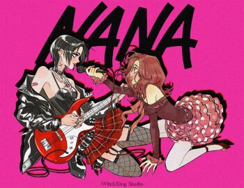 2girls bandaid bandaid_on_arm bare_shoulders black_boots black_choker black_hair black_shirt blush boots breasts brown_hair brown_shirt character_name choker commentary copyright_name earrings electric_guitar english_commentary fingernails fishnet_thighhighs fishnets frilled_skirt frills full_body guitar holding holding_microphone instrument jacket jacket_partially_removed jewelry kiddo_hah komatsu_nana leather leather_jacket long_fingernails long_hair looking_at_another medium_breasts microphone multiple_girls multiple_rings music nana_(series) necklace off-shoulder_shirt off_shoulder open_mouth osaki_nana pantyhose parted_bangs parted_lips pearl_necklace pink_background pink_skirt plaid_clothes plaid_skirt playing_guitar playing_instrument polka_dot polka_dot_skirt red_lips red_shoes red_skirt ring shirt shoes short_hair skirt smile thighhighs white_pantyhose