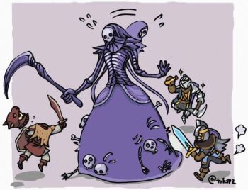 1girl 1other 2boys axe bearer_of_the_curse benhart_of_jugo blue_tunic chibi chibi_only commentary_request dark_souls_(series) dark_souls_ii demon_girl disembodied_head dullahan estus_flask full_body gauntlets head_of_vengral helm helmet holding holding_axe holding_scythe holding_shield holding_sword holding_weapon moonlight_greatsword multiple_boys nashandra scythe shield skull sword tanaka_(tnksp2) tunic undead weapon