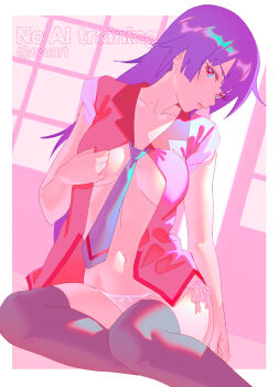 1girl bakemonogatari black_thighhighs blue_eyes blue_necktie blurry blurry_background breasts closed_mouth collarbone commentary dutch_angle eyelashes foot_out_of_frame hand_up head_tilt highres indoors legs long_hair looking_at_viewer medium_breasts monogatari_(series) naoetsu_high_school_uniform navel necktie open_clothes open_shirt panties pink_shirt purple_hair rapa_rachi redrawn revision school_uniform senjougahara_hitagi shadow shiny_skin shirt short_sleeves sidelocks sitting sleeves_rolled_up smile solo thighhighs thighs underwear very_long_hair watermark white_panties yokozuwari