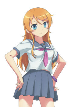 1girl absurdres blue_eyes closed_mouth commentary cowboy_shot english_commentary grey_sailor_collar grey_skirt hair_ornament hairclip hands_on_own_hips highres kousaka_kirino kousaka_kirino&#039;s_school_uniform long_hair looking_at_viewer midriff_peek neckerchief orange_hair ore_no_imouto_ga_konna_ni_kawaii_wake_ga_nai parallel_hairclips pink_neckerchief pleated_skirt purple_scrunchie sailor_collar scarletsky school_uniform scrunchie serafuku shirt simple_background skirt solo standing white_background white_shirt wrist_scrunchie