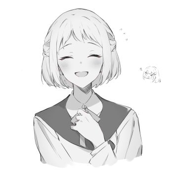 Rule 34 | > o, 2girls, blonde hair, blush, closed eyes, gakuen idolmaster, greyscale, highres, idolmaster, kanade (kanade 3344), katsuragi lilja, long hair, long sleeves, monochrome, multiple girls, neck ribbon, one eye closed, open mouth, ribbon, shiun sumika, short hair, simple background, white background