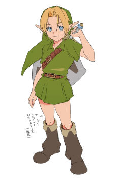 1boy absurdres asa8720 belt blonde_hair blue_eyes boots brown_belt brown_boots child closed_mouth commentary_request full_body green_hat green_tunic hat highres link male_focus nintendo partial_commentary pointy_ears shield shield_on_back shoulder_belt simple_background smile solo standing sword sword_on_back the_legend_of_zelda the_legend_of_zelda:_majora&#039;s_mask translation_request tunic weapon weapon_on_back white_background young_link