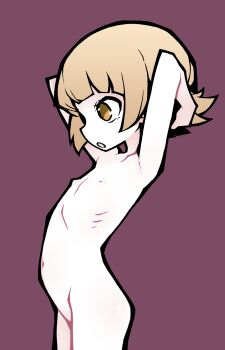 1girl akableak armpits arms_behind_head arms_up blonde_hair completely_nude cowboy_shot flat_chest from_side highres loli monogatari_(series) navel nipples nude open_mouth oshino_shinobu ribs short_hair simple_background solo yellow_eyes