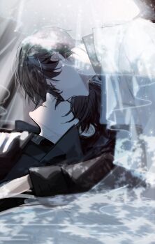 Rule 34 | 2boys, absurdres, black coat, black hair, chin rest, closed eyes, coat, dappled sunlight, head on head, head rest, highres, keomikan, kim dokja, male focus, multiple boys, omniscient reader's viewpoint, open clothes, open coat, popped collar, short hair, starry sky print, sunlight, upper body, veil, white coat, yoo joonghyuk