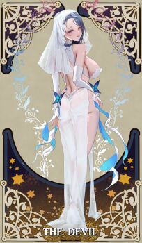 1girl ass blue_hair breasts card card_(medium) detached_sleeves dress full_body goddess_of_victory:_nikke high_heels highres hyotenka_ichido isabel_(honeymoon_party)_(nikke) isabel_(nikke) large_breasts looking_at_viewer looking_back official_alternate_costume panties red_eyes revealing_clothes sideboob solo tarot tarot_(medium) tarot_card tongue tongue_out underwear veil white_dress white_panties white_veil
