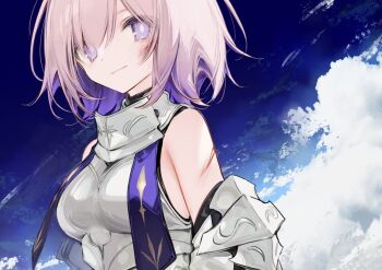 1girl bare_shoulders breasts chocoan fate/grand_order fate_(series) looking_at_viewer mash_kyrielight medium_breasts purple_eyes purple_hair short_hair smile solo upper_body
