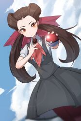 Rule 34 | 1girl, absurdres, ascot, brown hair, closed mouth, cloud, cloudy sky, collared shirt, cometeau poke, commentary request, creatures (company), dress, game freak, grey dress, highres, holding, holding poke ball, long hair, looking at viewer, nintendo, pantyhose, poke ball, poke ball (basic), pokemon, pokemon oras, red ascot, red eyes, roxanne (pokemon), shirt, short sleeves, sky, twintails, white shirt