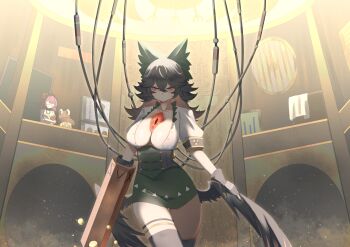 3girls absurdres adapted_costume arm_cannon arms_at_sides bird_wings black_hair black_wings bow breasts cable closed_mouth control_rod_(touhou) corset crossed_arms dust glasses gloves green_bow green_skirt hair_between_eyes hair_bow hair_ornament half-closed_eyes hat height_difference highres indoors large_breasts leaf_hair_ornament long_hair looking_at_another looking_at_viewer low_wings medium_hair miniskirt moriya_suwako multiple_girls no_bra no_noru opaque_glasses open_clothes open_shirt purple_hair radiation_symbol red_eyes reiuji_utsuho shirt short_sleeves side-by-side single_glove skirt smile solo_focus thigh_strap thighhighs third_eye third_eye_on_chest touhou walking weapon white_shirt wings yasaka_kanako