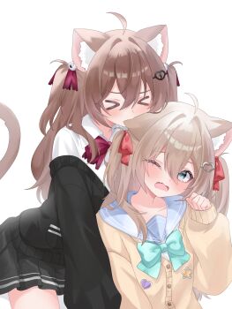 &gt;_&lt; 2girls absurdres ahoge animal_ears astrachan949 biting black_cardigan black_skirt blue_eyes blue_sailor_collar bow bowtie broken_heart broken_heart_hair_ornament brown_hair cardigan cat_ears cat_girl cat_tail commentary commission english_commentary evil_neuro-sama fang from_side hair_ornament heart heart_hair_ornament highres long_hair long_sleeves multiple_girls neuro-sama off-shoulder_cardigan one_eye_closed open_mouth pleated_skirt red_bow red_bowtie red_ribbon ribbon sailor_collar second-party_source siblings simple_background sisters skin_fang skirt tail torn_hair_ribbon twins upper_body vedal_ai virtual_youtuber white_background yellow_cardigan