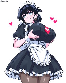 1girl absurdres apron arato_nagi artist_name black_dress black_hair blue_eyes breasts closed_mouth commentary dress earrings english_commentary grabbing_own_breast happy heart heart_earrings highres jewelry large_breasts light_blush maid maid_apron maid_headdress ruri_no_houseki short_hair smile solo twitter_username vewuinsky