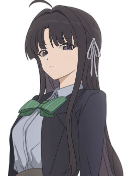 1girl ahoge awa_subaru black_hair black_jacket bow bowtie collared_shirt commentary girls_band_cry green_bow green_bowtie hair_ribbon hashtag-only_commentary highres jacket long_hair n_nai_nai_n open_clothes open_jacket parted_bangs purple_eyes ribbon shirt sidelocks simple_background solo white_background white_ribbon white_shirt