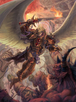 6+boys adeptus_astartes angel_wings armor battle battlefield blade_encarmine blonde_hair blood_angels bloodletter bloodthirster bolter breastplate chain chaos_(warhammer) colored_skin commentary demon demon_horns english_commentary eyes_of_horus_(warhammer_40k) feathered_wings fire firing flaming_sword flaming_weapon flying gauntlets gem gold_armor greater_daemon_(warhammer) heavy_bolter highres holding holding_sword holding_weapon hooves horns jeff_porter ka'bandha laurel_crown leopard_pelt long_hair multiple_boys ornate_armor outdoors pauldrons pelt power_armor primarch red_gemstone red_skin regalia_resplendent sanguinius shoulder_armor sign_of_khorne skull skull_ornament sky snow_leopard_pelt sword tower war warhammer_40k weapon white_wings wings